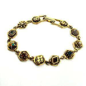 VINTAGE GOLDETTE GOLD Tone Charm Bracelet Rhinestone Floral Star Clover Signed
